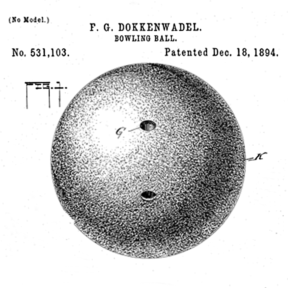 1894年获得专利的保龄球黑白图像。有两个手指孔:一个手指孔和一个拇指孔。
