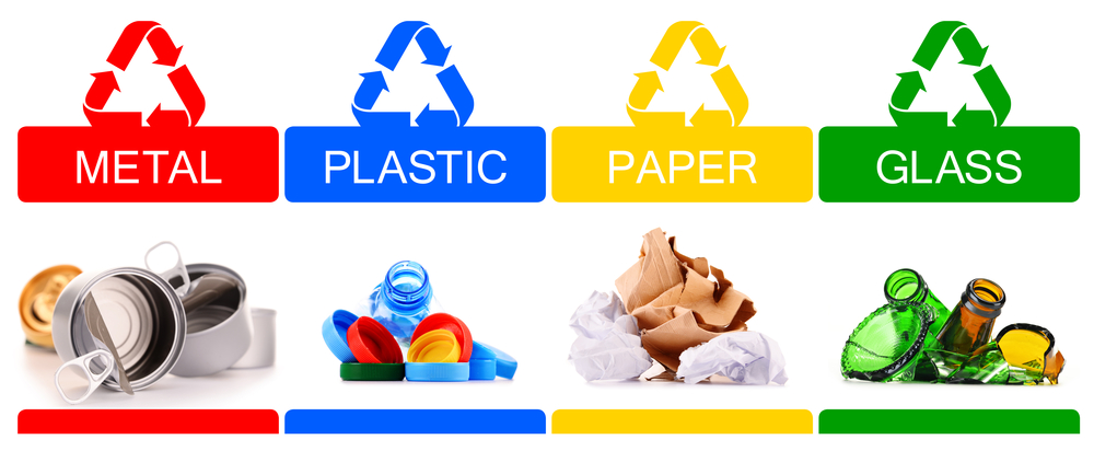 图片显示可回收物品类型:玻璃，塑料，金属和纸。因为保龄球不属于一个类别，它不是一个可回收的项目，应该做垃圾填埋场。